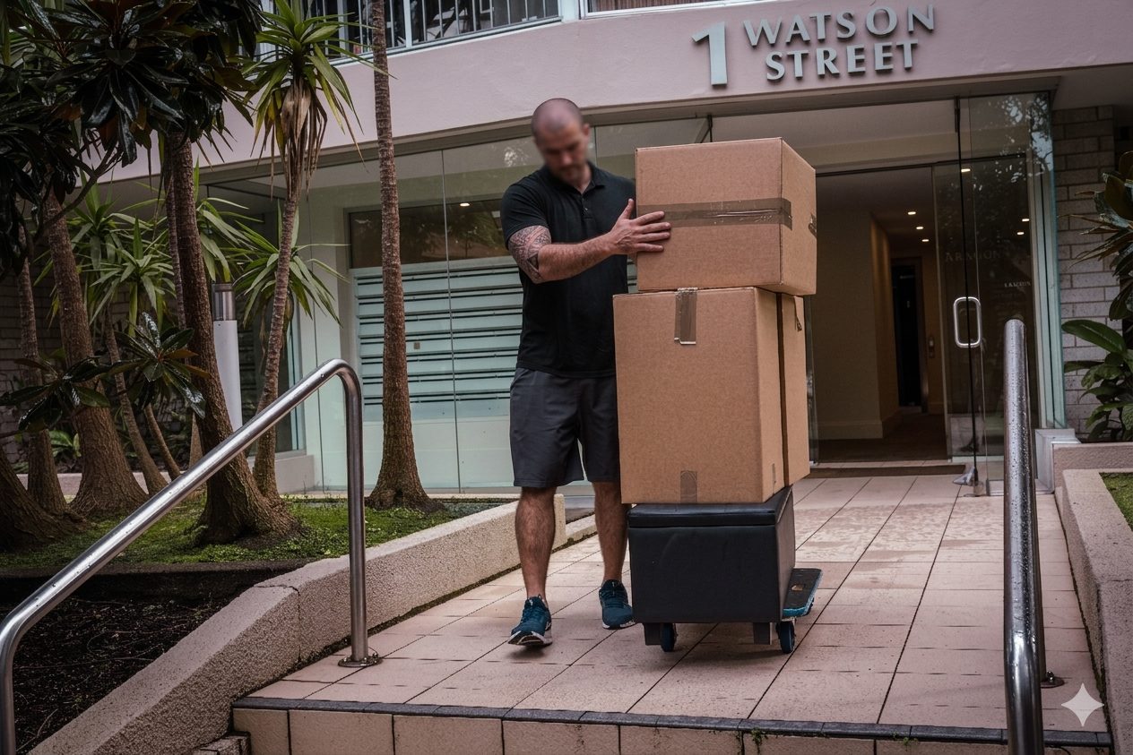 Hartmann mover wheeling stacked moving boxes out of a Sydney apartment building entrance